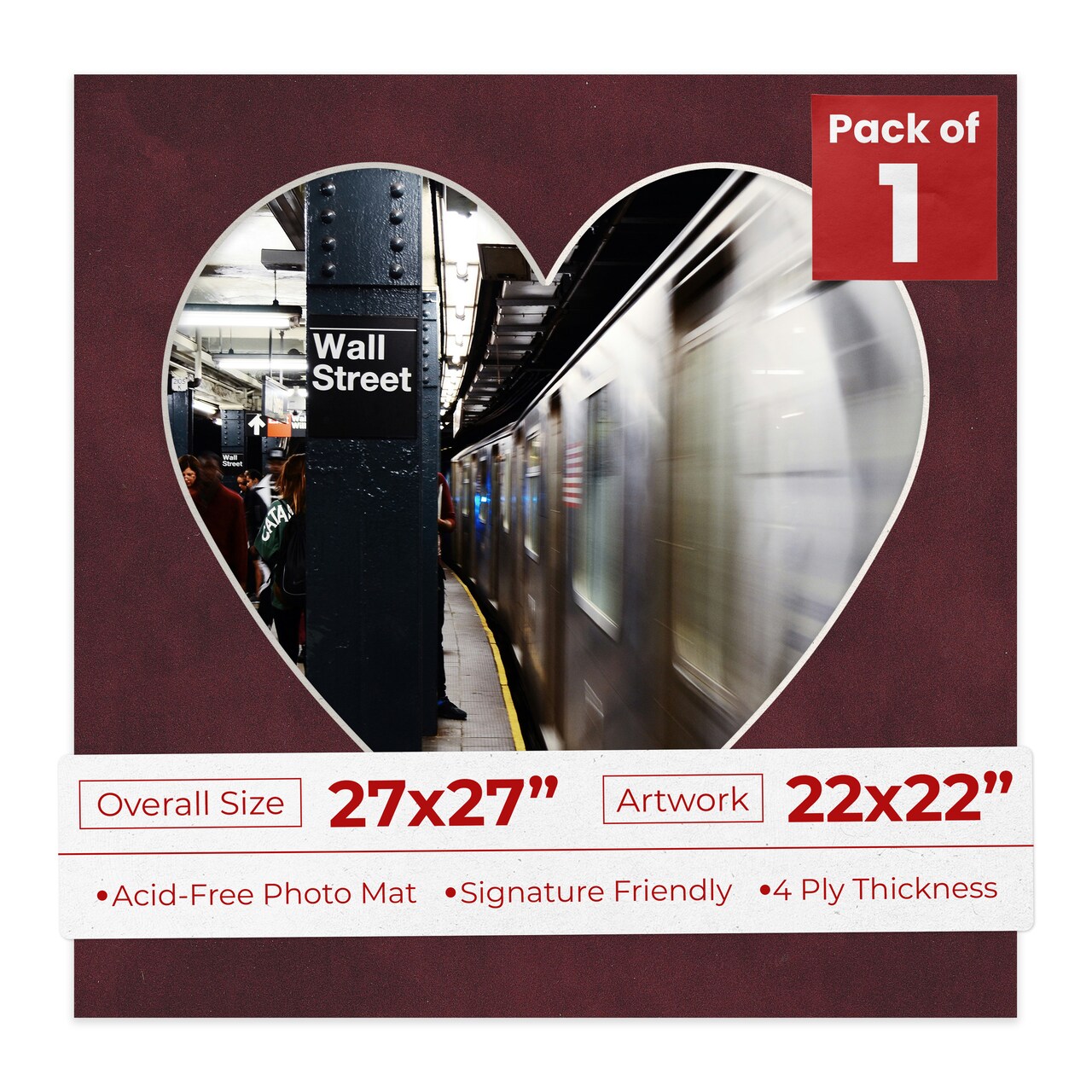 Dark Red Suede Mat Board for 27x27 Frames - Heart Opening for 22x22 Photos